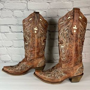 CORRAL Women's 6.5M Cognac Bone Inlay Cross Studs Snip Toe Cowgirl Boots C2853‎